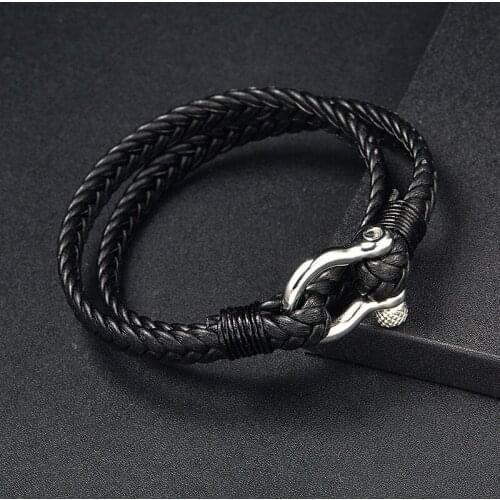 Stainless Steel Outdoor Camping Sport Style Geometric Circle Toggle-clasps Mens Woven Leather Rope Bracelet Double-layer Design