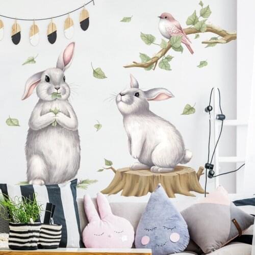 Two cute rabbits wall stickers Living room Bedroom Wall Decor Sticker Bunny Birds Wall Decals Home Decoration Removable Decals