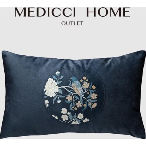 Medicci Home Accent Cushion Cover Moonlight Window Oriental Rhythm Chinese Style Ultra Soft Velvet Bolster Pillow Case Navy Blue