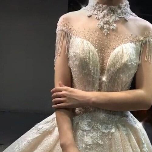 Newest High Extreme Luxury Fashion Wedding Dresses Crystal Tassel Sleeveless Sexy Lace Up Bridal Dress 2020 Real Photo WD30608