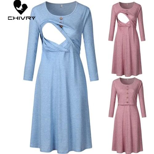 New 2020 Pregnant Women Dress Casual Long Sleeve O-neck Solid Dress Nursing Breastfeeding Maternity Clothing Dresses Vestidos