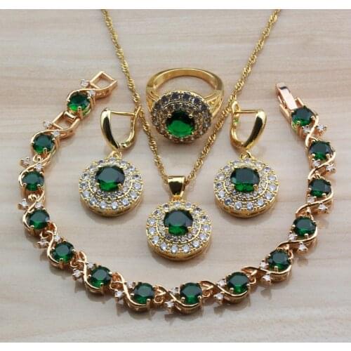 New African Women Wedding Costume Yellow Gold Color With Natural Stone CZ Green Jewelry Sets For Women Free Gift Box