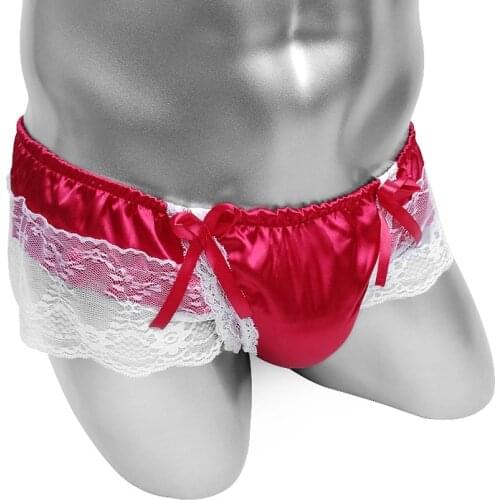 Sexy Softy Sissy Pouch Panties Shiny Satin Floral Lace Mens Skirted Thong Underwear Double Layers Night Lingerie
