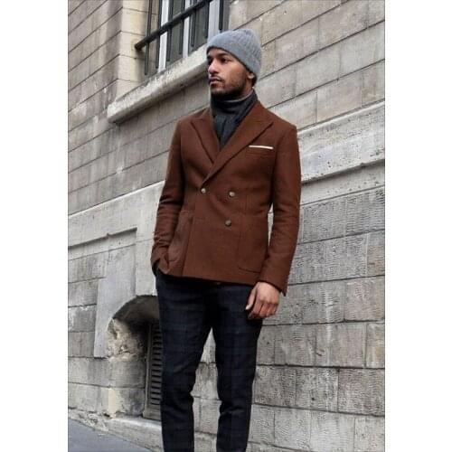 Latest Coat Pant Designs Dark Brown Tweed Men Jacket Double Breasted Slim Fit Tuxedo Custom Blazer Groom Suits Terno Masculino