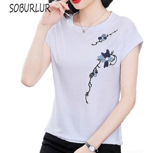 Summer Casual T-shirt Women Embroidered Loose Cotton Tee Bat sleeve O-neck Short Sleeve Fashion Plus Size Female T Shirt