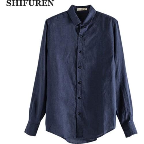 SHIFUREN Men Linen Shirts Long Sleeve Chinese Style Square Collar Breathable Male Casual Social Shirts Tops Single Breasted