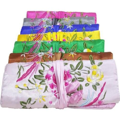 50pcs Embroidered Lucky Folding 3 Zipper Bag Strap Satin Jewelry Roll Up Pouch Makeup Bag Chinese Style Cosmetic Storage