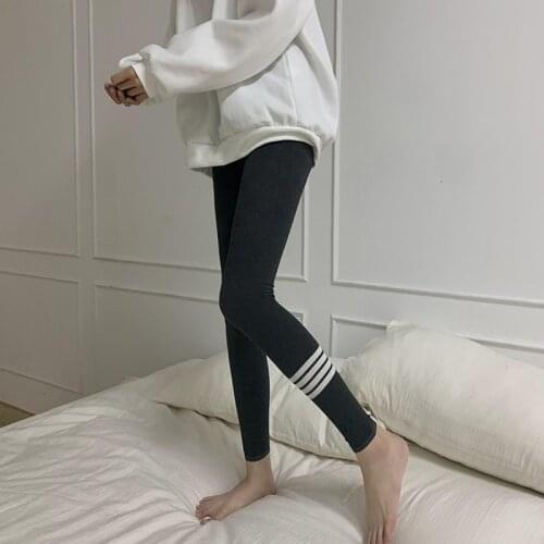 Spring New Four-Stripes Sharkskin Leggings Womens Slim Stretch High Waist Sports Black Leggings Fitness Leggings