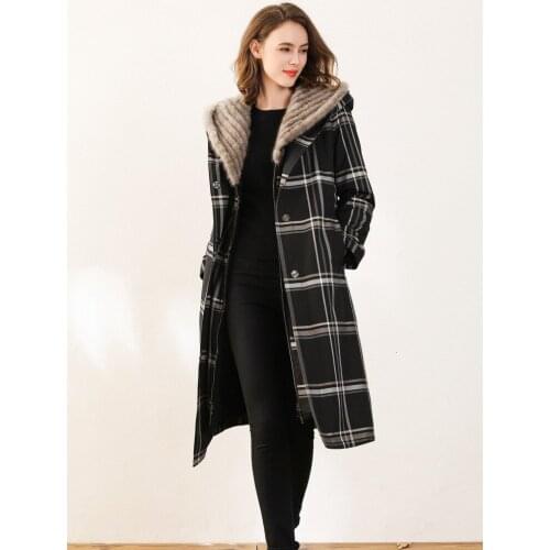 Vintage Plaid Natural Real Raccoon Fur Collar Hood Long Jacket Women Elegant Coat Parka Lady Winter Warm Outwear Female