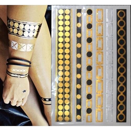 Waterproof Black Bracelet Gold Tattoo Flash Metallic Tatoo Gold Temporary Tattoos Sticker For Women
