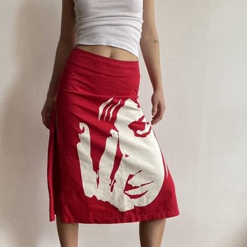 E-girl Portrait Print Midi Skirt 90s Vintage Women High Waist Split Straight Skirts Y2K Punk Style Harajuku Gothic Streetwear