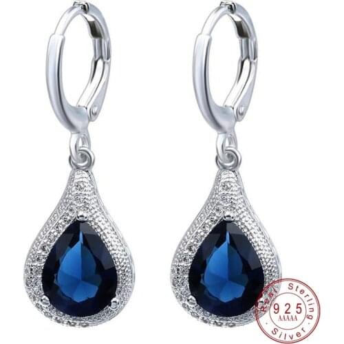 2019 New Fashion Clear Crystal Blue Zircon CZ Stud Earrings For Women Luxury Sliver Dangle Hooks Earrings Jewelry