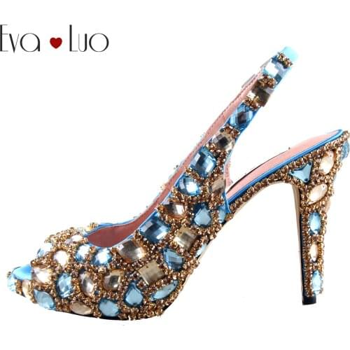 CHS1024 Luxury Custom Handmade Crystal Blue Gold Slingbacks Dress Pumps Bridal Wedding Shoes Women High Heels Shoes