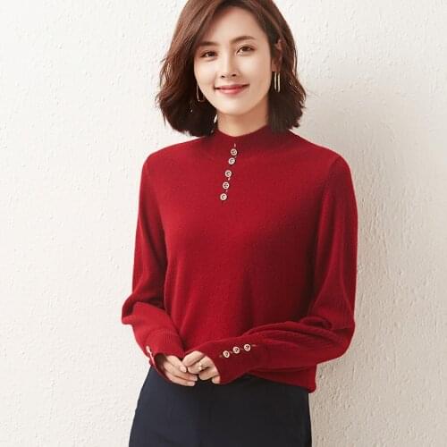 Womens pullover 2021 autumn winter new casual solid color half high neck wool sweater plus size bubble sleeve cashmere sweater