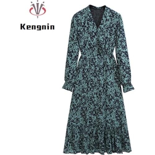 Print Floral V-Neck Womens Dress 2021 Autumn Office Lady Work Elegant Dresses Vestidos Loose Oversized 4XL Robe Dress KE1837