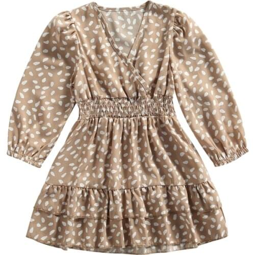 3-7Y Toddler Smocked Dress Baby Cute Girls Casual Spot Print Long Sleeve V-neck Dress Autumn Clothes