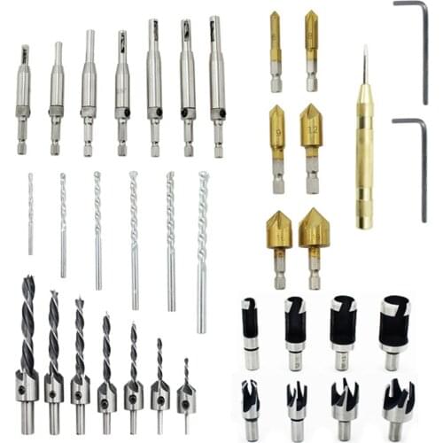 37PCS Countersunk Drill Bits Hinge Drills Cork Drills Chamfers Twist Drills Wrenches Positioning Punch Impact Drill Bits Set