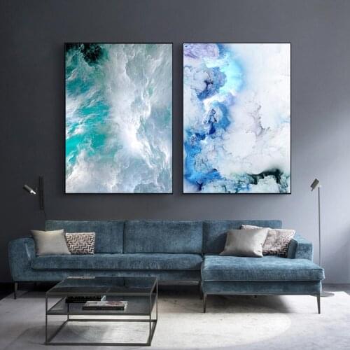 Abstract Thunder Lightning Cloud Canvas Painting Nordic Poster Modern Art Blue White Smoke Wall Pictures for Living Room Mural