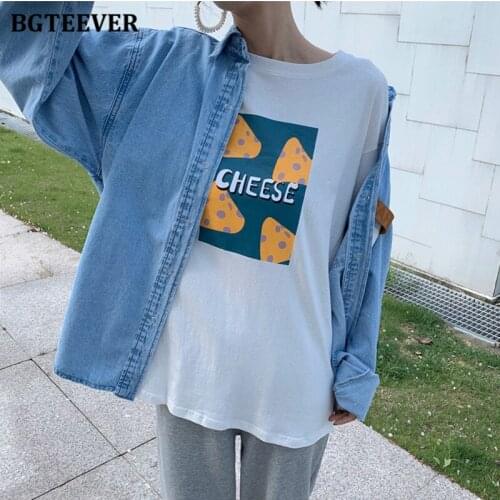 BGTEEVER Chic Loose Women T-shirts O-neck Short Sleeve Female Cheese Printed Pullovers Tops 2021 Summer Casual T-shirts