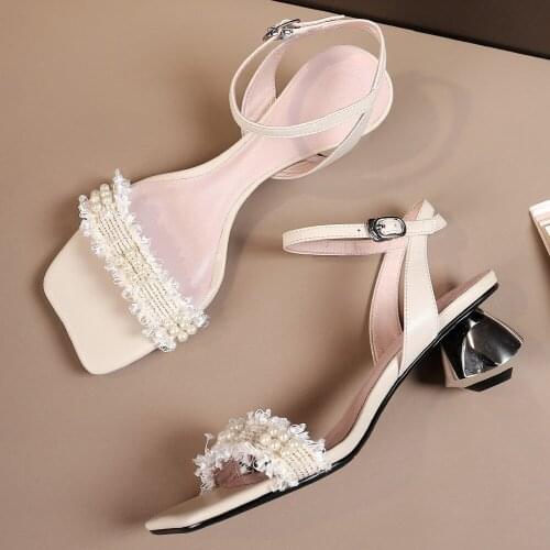 Womens genuine leather fabric patchwork beading decoration ankle strap thick high heel sandals elegant ladies low heel shoes