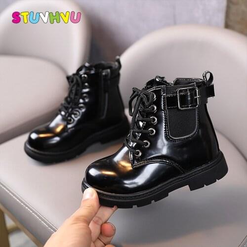 Girls Martin Boots 2021 Autumn New Boys Single Boots Black Patent Leather Children Shoes Casual Soft Sole Kids Ankle Boot 21-30