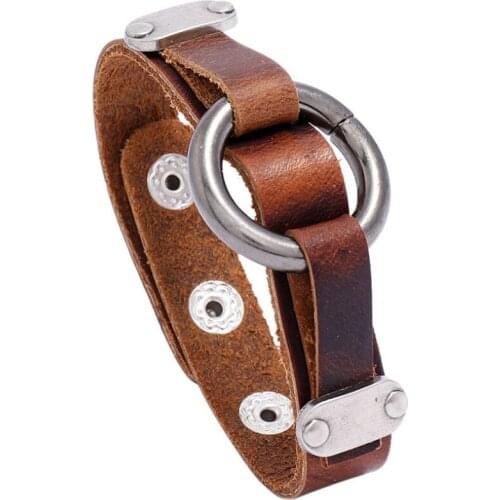 Punk Rock Fashion Men Women Genuine Leather Bracelet Alloy Round Retro Charm Wrap Bangle Vintage Gothic Hiphop Wristband Jewelry