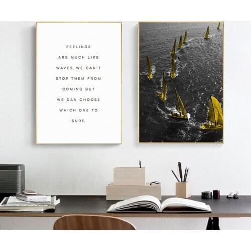Home Decor Nordic Canvas Art Painting Wall Art Poster Letter Yellow Sailboat Seascape Print Living Room Modern Realist Picture