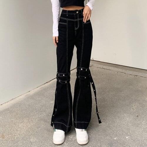Zoki Autumn Denim Jeans Women Bandage Casual Pants High Waist Jeans Hip Hop Black Rivet Trousers Street Wear Fashion New 2021