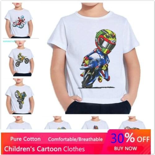 Motorcycle Motocross Printed Tshirt for Boys Kids T Shirt Cartoon Hipster Toddler Girls Tops Summer Kids Clothes White 2-9Years