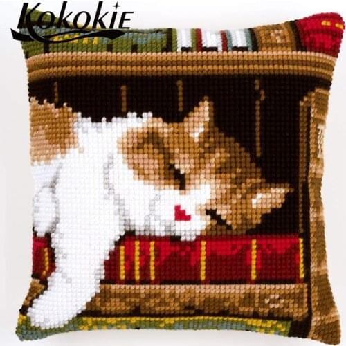 DIY tool for throw pillow case sleep cat cross stitch pillow fabric material for handicraft embroider Needlework pillow kits