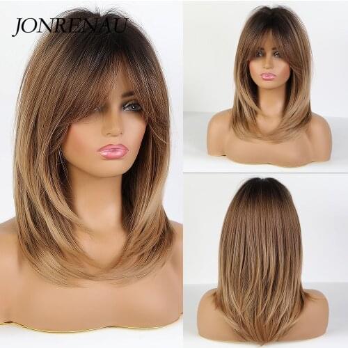 JONRENAU Long Natural Wave Dark bown Ombre Ash brown Hair wigs Synthetic Party Daily Use Wig for White Black Women