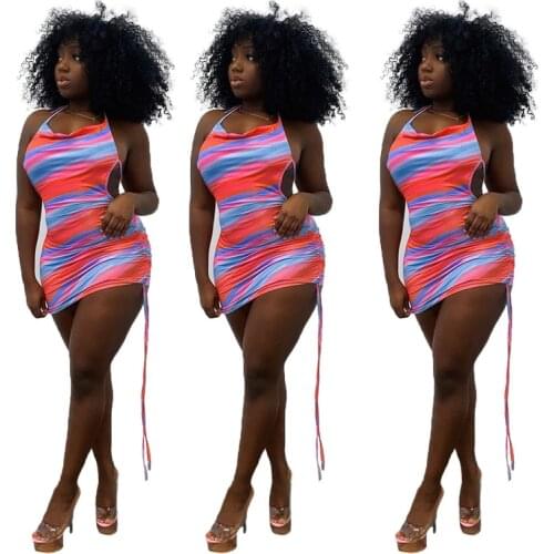 Chiclover Summer Woman Dress Wholesale Backless Halter Draw String Bodycon Dress Strip Sexy Sleeveless Mini Dresses Dropshipping