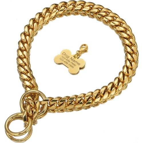 10mm Gold Dog ID Tag Chain Collar Strong StainlessSteel Necklace For Medium Small Metal Dog P Chain Choker Pet Collar for Bully