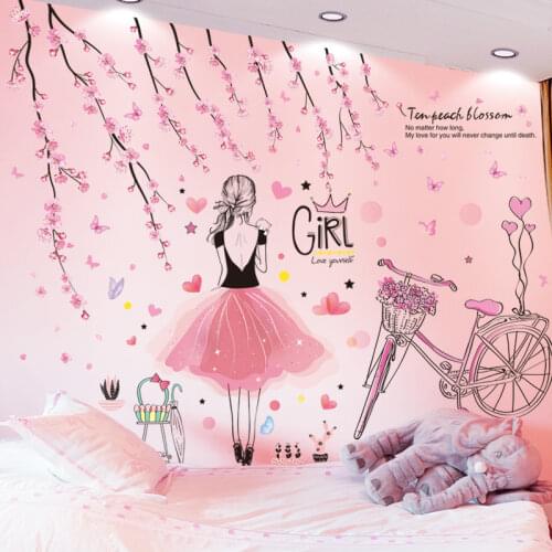 Cartoon Girl Wall Stickers Vinyl DIY Peach Flowers Bicycle Mural Decals for Kids Rooms Baby Bedroom Decoration