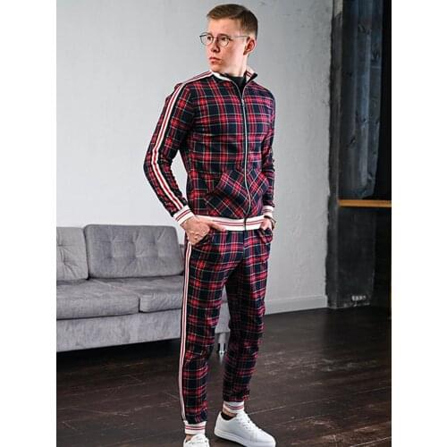 Mens 3D print Men Set Long Sleeve stripe Zipper jacket suit grid two-piece patchwork zipper hooded coat trouser suit Sportswear