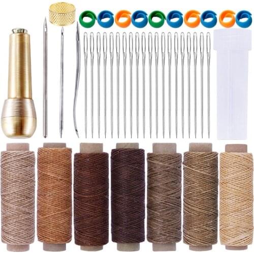 MIUSIE 43 PCS Leather Sewing Kit with Waxed Thread Awl Large Eye Blunt Needles Bobbins Clips Thimble for Leather Hand Sewing