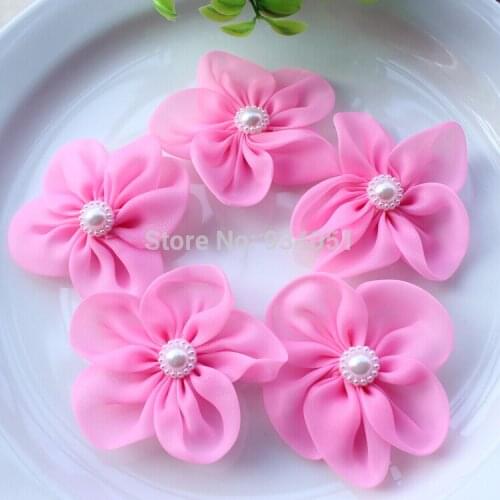 Set of 50pcs pink Bridal silk flowers with pearl flower center, silk hair flowers, silk organza flowers wholesale Free shipping