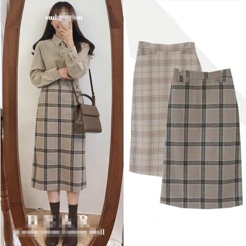 Autumn winter vintage high waist plaid women woolen skirt sweet students straight skirt