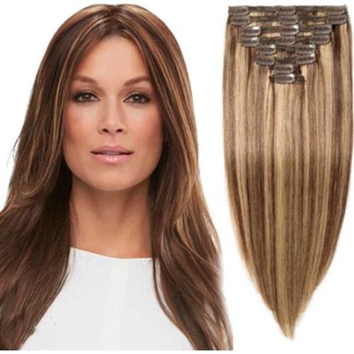 Piano color Human hair silk straight Ladies Wig with light and seamless clip P4/27# 7Pcs / Pack