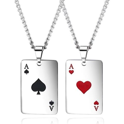 Cyue Couples 316L Stainless Seel Black/Red Spades Lucky Poker Charm Pendant Necklace Chain For Women Men Punk Jewelry