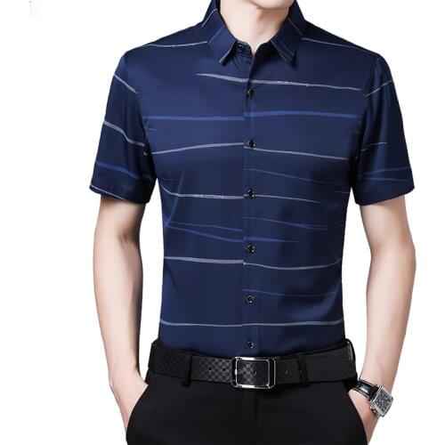RROWON 2020 Summer Mens Dress Shirts Thin Short Sleeve Striped Printed Anti-wrinkle Shirt Fashion Smart Casual Slim Men Shirts