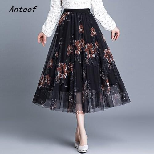Mesh vintage floral high waist pleated spring summer casual loose long for woman skirts womens 2021 skirt clothes