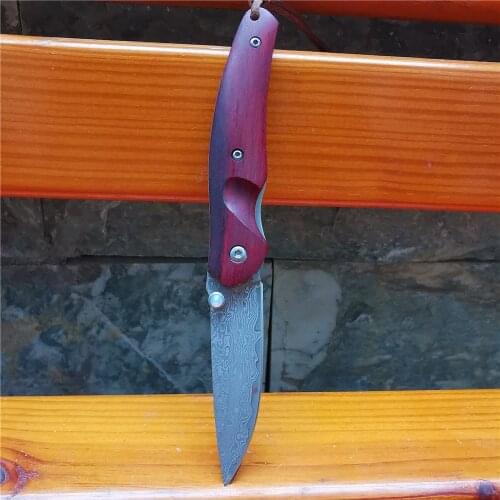 Folding Knife Damascus Blade Wood Steel Handle Portable Rescue EDC Tools Tactical Camping Survival Hunting Pocket Knives