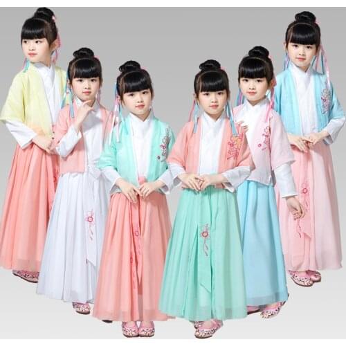 Girls Chinese Traditional Hanfu Dress Tang Dynasty Princess Guzheng Costume for Kids Children Fairy Classical Dance Costume