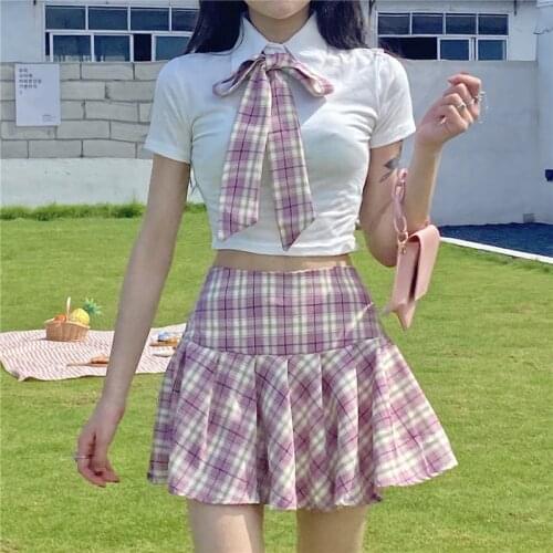 Japanese Summer Fashion JK Uniform Plaid Suit Kawaii Bow White Shirt Cute Pleated Mini High Waist Skirt Vacation Two-Piece Set