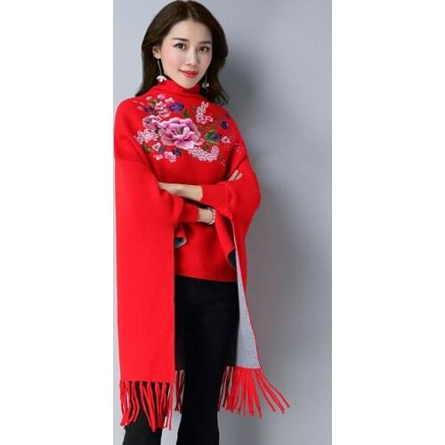 Womens embroidery fringed shawl good quality batwing sleeve shawl cardigan elegant ladies floral fringed shawl sweater outwear