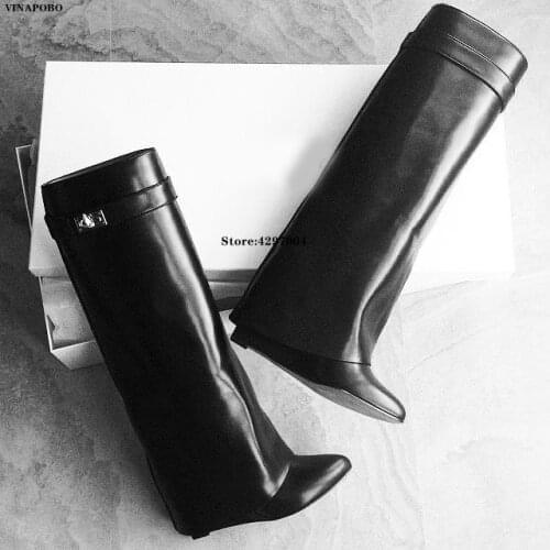 Vinapobo Shark Lock Women Wedge Boots Black Fold Knee High Heel Boots Pointed Toe Long Boots Female Wedges Heel Botas BigSize