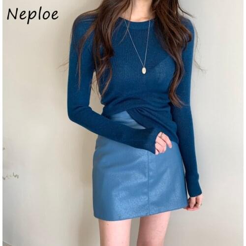 Neploe Ice Silk Thin Long Sleeve Sweater Women Autumn 2021 Slim Round Neck Pullover Bottoming Top Solid Woman Sweaters