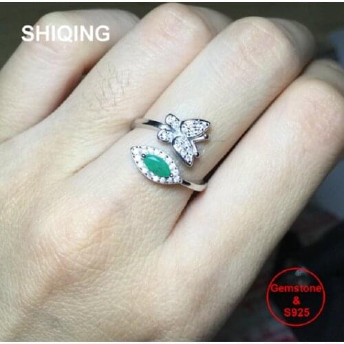 SHIQING Nature Emerald ring, 925 sterling silver butterfly rings for women , real gemstone free shipping