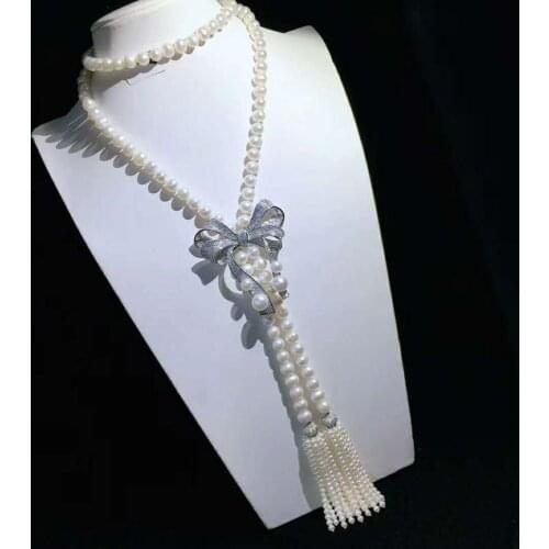 Hand knotting womens jewelry 8-9mm 120cm micro inlaid zircon bowknot accessories white freshwater pearl necklace